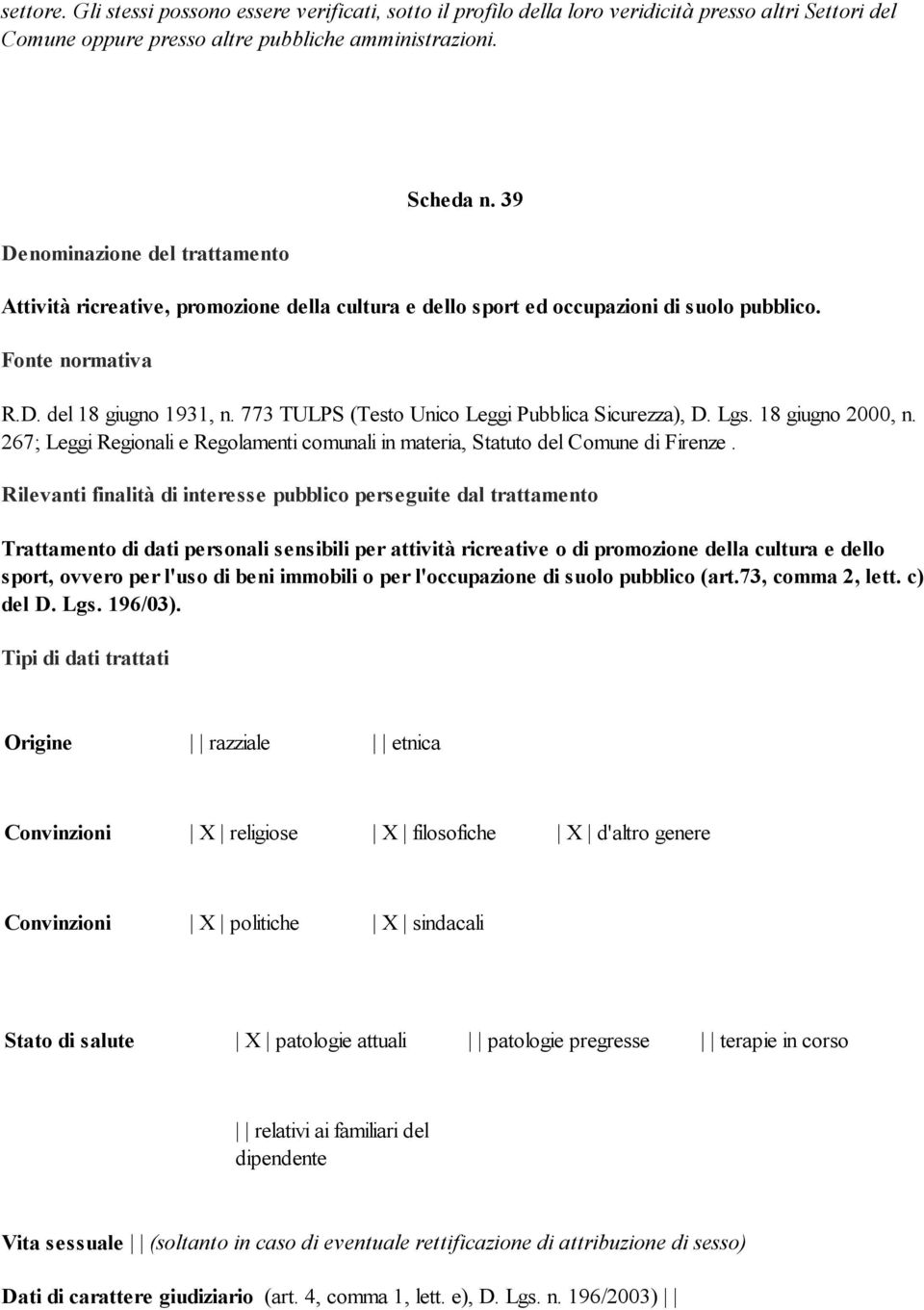 773 TULPS (Testo Unico Leggi Pubblica Sicurezza), D. Lgs. 18 giugno 2000, n. 267; Leggi Regionali e Regolamenti comunali in materia, Statuto del Comune di Firenze.