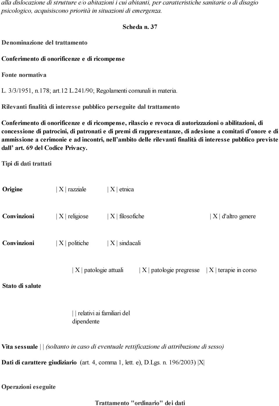 Rilevanti finalità di interesse pubblico perseguite dal trattamento Conferimento di onorificenze e di ricompense, rilascio e revoca di autorizzazioni o abilitazioni, di concessione di patrocini, di