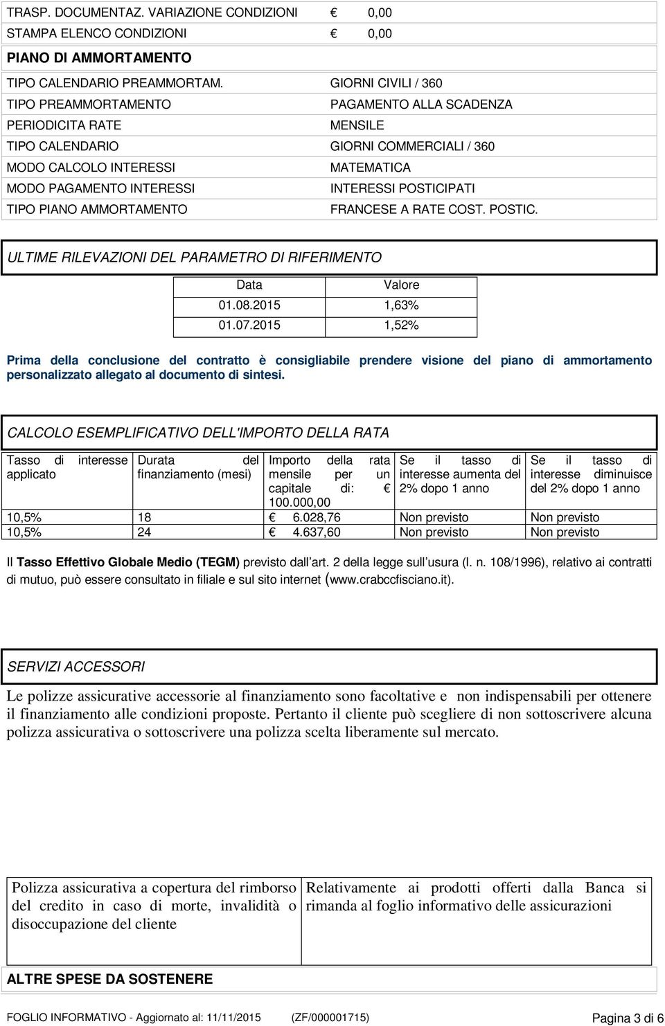 POSTICIPATI TIPO PIANO AMMORTAMENTO FRANCESE A RATE COST. POSTIC. ULTIME RILEVAZIONI DEL PARAMETRO DI RIFERIMENTO Data Valore 01.08.2015 1,63% 01.07.