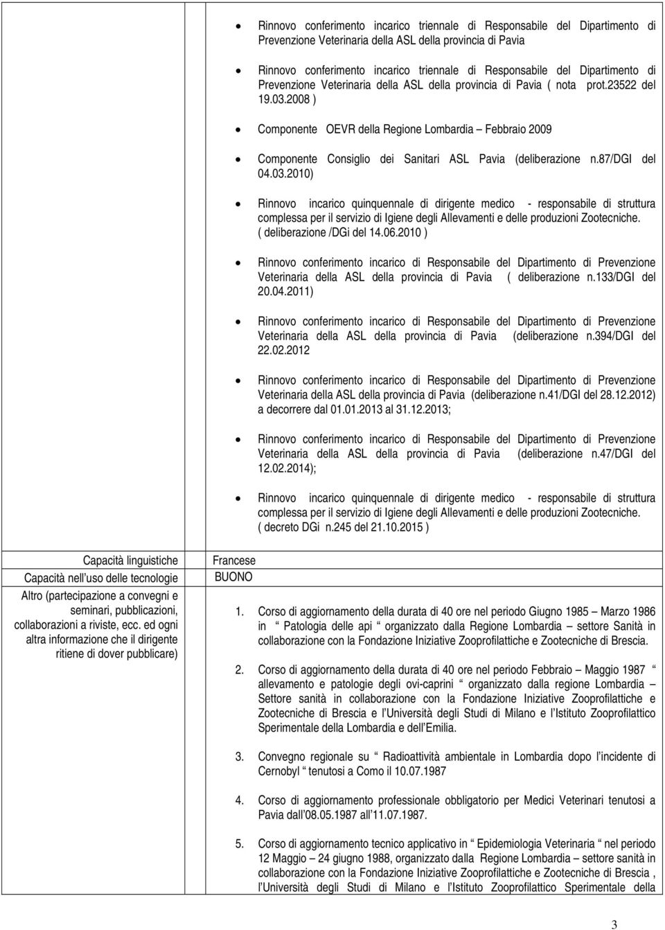 2008 ) Componente OEVR della Regione Lombardia Febbraio 2009 Componente Consiglio dei Sanitari ASL Pavia (deliberazione n.87/dgi del 04.03.