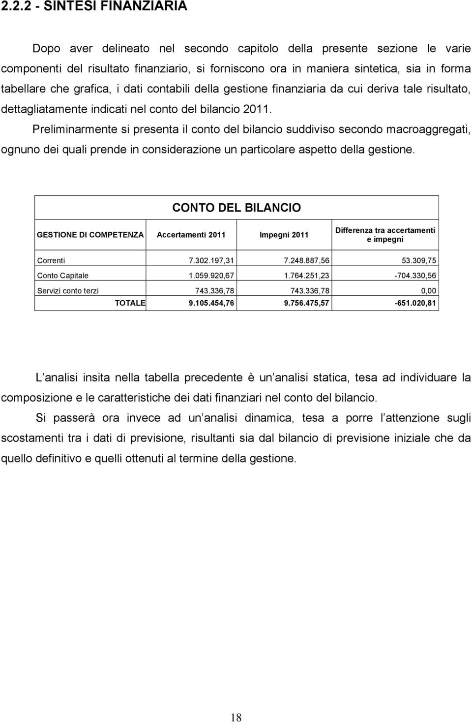 Preliminarmente si presenta il conto del bilancio suddiviso secondo macroaggregati, ognuno dei quali prende in considerazione un particolare aspetto della gestione.