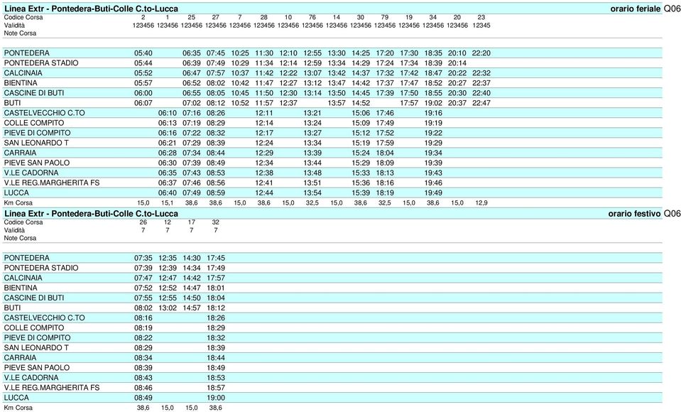 PONTEDERA 05:40 06:35 07:45 10:25 11:30 12:10 12:55 13:30 14:25 17:20 17:30 18:35 20:10 22:20 PONTEDERA STADIO 05:44 06:39 07:49 10:29 11:34 12:14 12:59 13:34 14:29 17:24 17:34 18:39 20:14 CALCINAIA