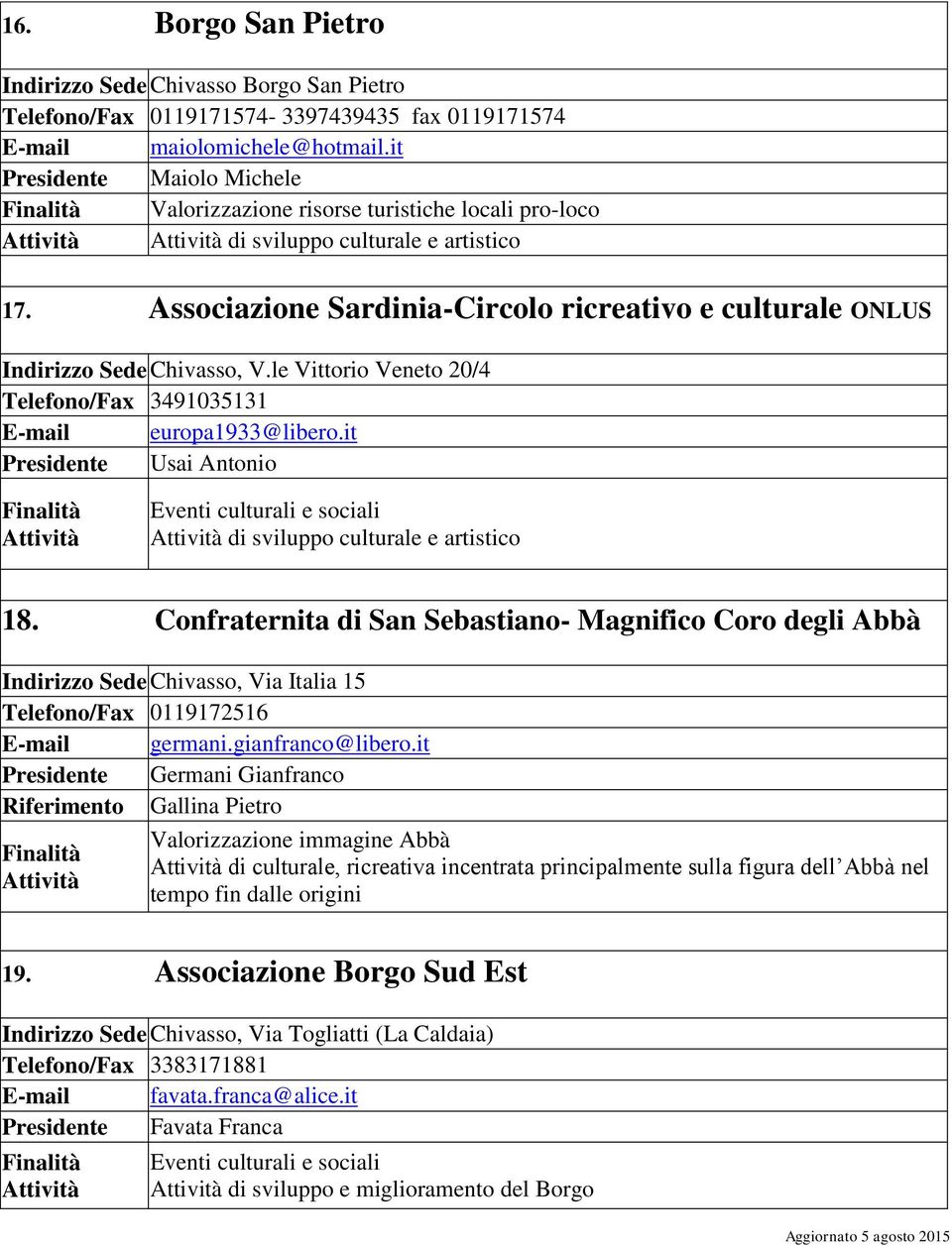 Associazione Sardinia-Circolo ricreativo e culturale ONLUS Indirizzo Sede Chivasso, V.le Vittorio Veneto 20/4 Telefono/Fax 3491035131 E-mail europa1933@libero.