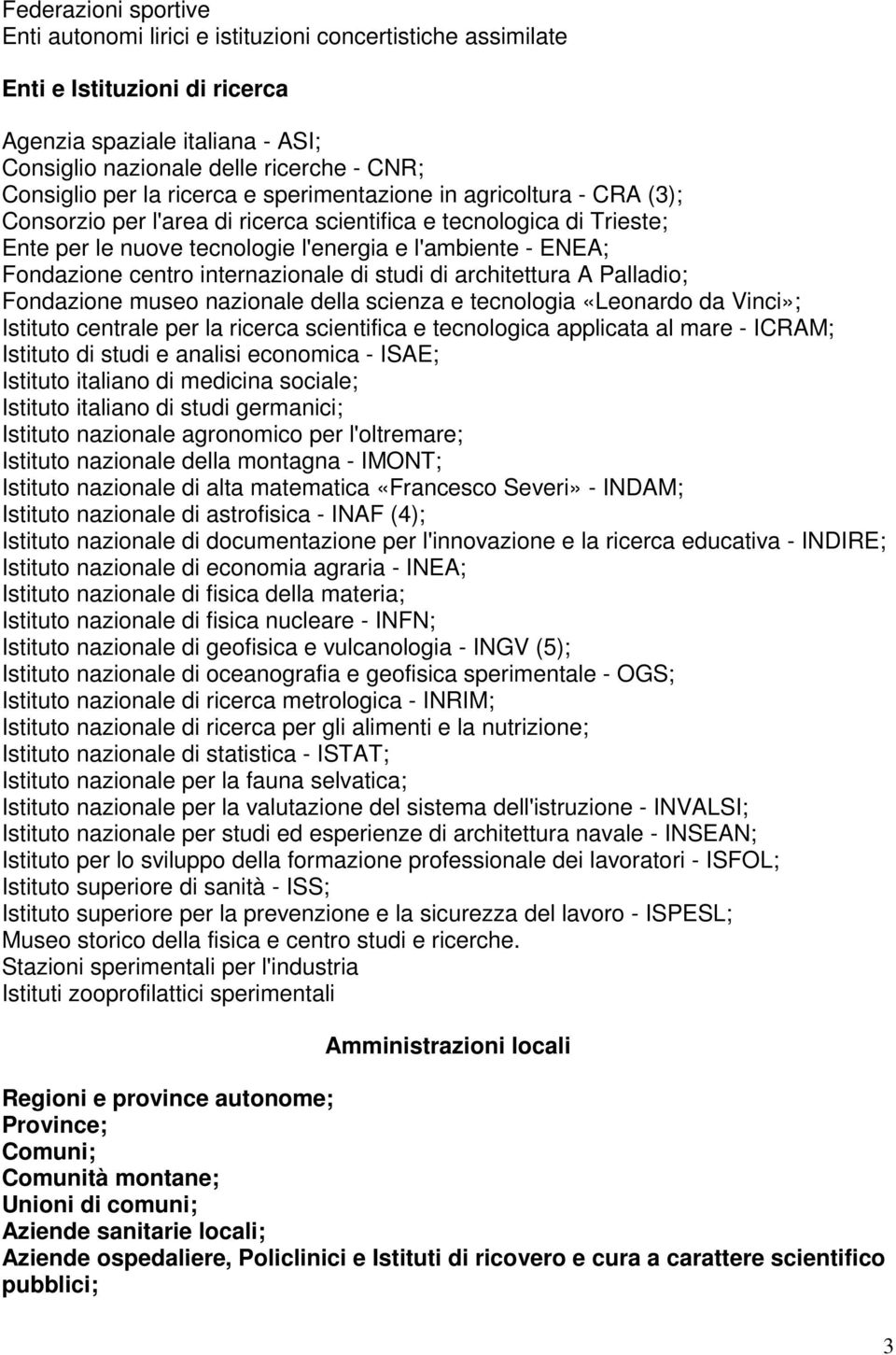 centro internazionale di studi di architettura A Palladio; Fondazione museo nazionale della scienza e tecnologia «Leonardo da Vinci»; Istituto centrale per la ricerca scientifica e tecnologica