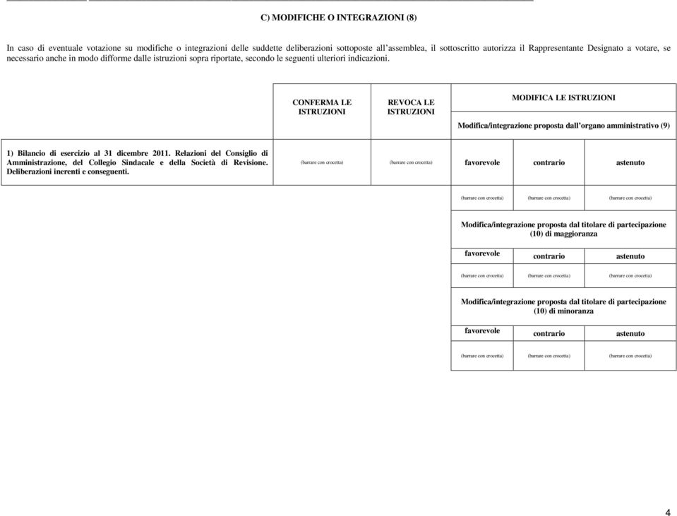 CONFERMA LE MODIFICA LE Modifica/integrazione proposta dall organo amministrativo (9) 1) Bilancio di esercizio al 31 dicembre 2011.