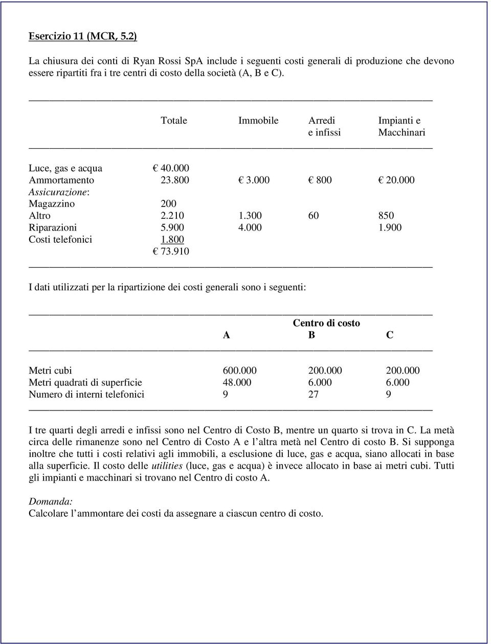 900 Costi telefonici 1.800 73.910 I dati utilizzati per la ripartizione dei costi generali sono i seguenti: Centro di costo A B C Metri cubi 600.000 200.000 200.000 Metri quadrati di superficie 48.