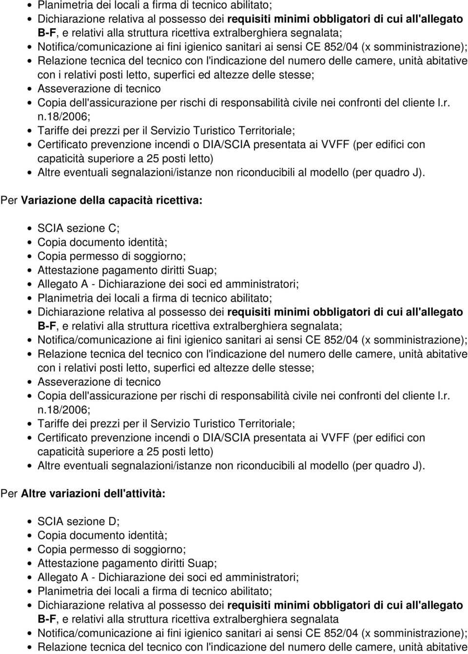 ricettiva: SCIA sezione C;  segnalata; Relazione tecnica del tecnico con l'indicazione del numero delle camere, unità abitative con i relativi posti letto, superfici ed altezze delle stesse; Per