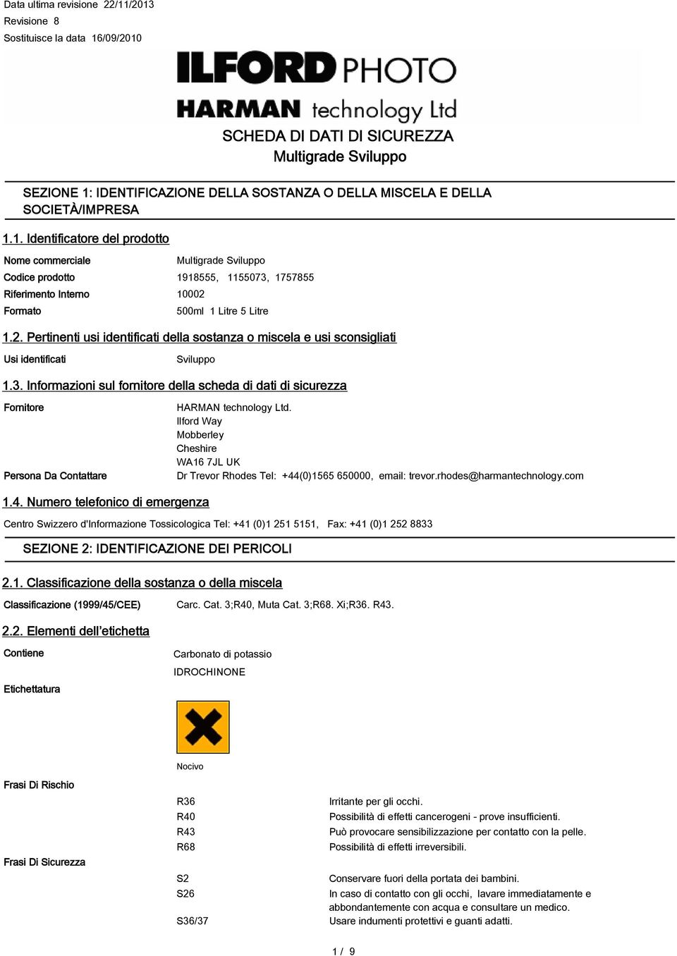 Informazioni sul fornitore della scheda di dati di sicurezza Fornitore Persona Da Contattare HARMAN technology Ltd.