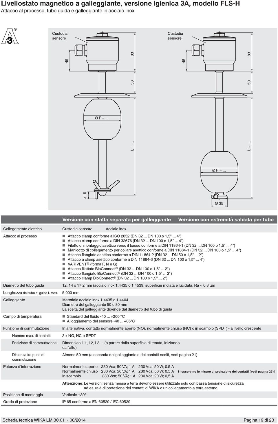 .. 15 45 50 83 45 50 83 Ø 35 Versione con staffa separata per galleggiante Versione con estremità saldata per tubo Collegamento elettrico Acciaio inox Diametro del tubo guida Attacco clamp conforme a