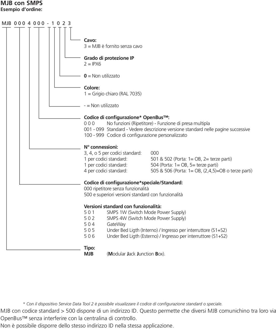configurazione personalizzato N connessioni: 3, 4, o 5 per codici standard: 000 1 per codici standard: 501 & 502 (Porta: 1= OB, 2= terze parti) 1 per codici standard: 504 (Porta: 1= OB, 5= terze
