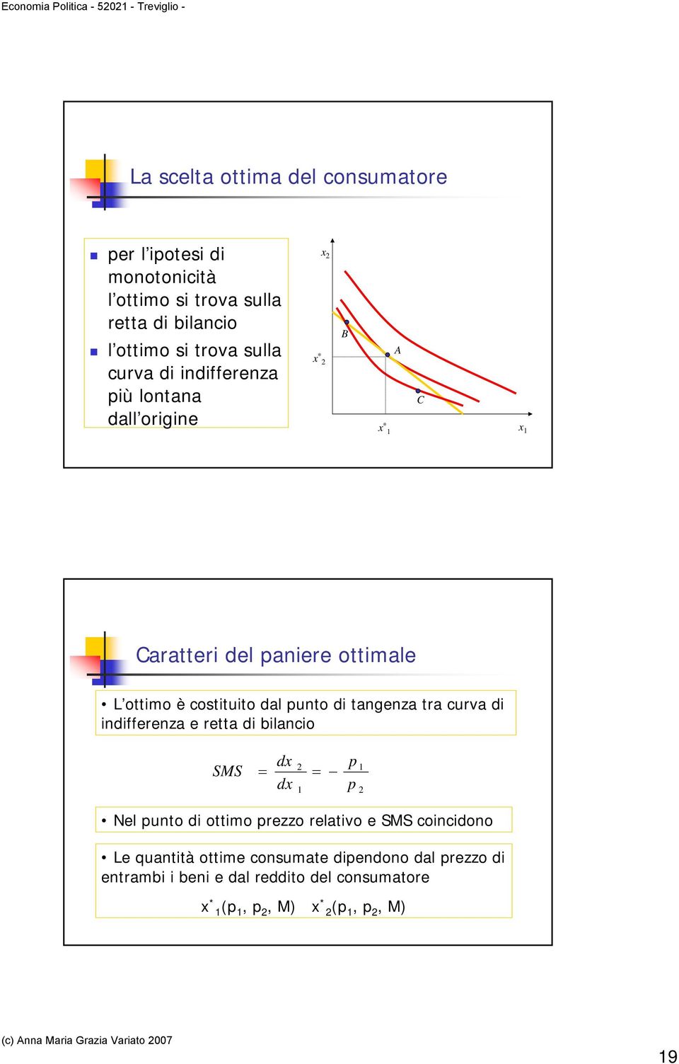 tangenza tra curva di indifferenza e retta di bilancio SMS = dx dx 2 1 = p p 1 2 Nel punto di ottimo prezzo relativo e SMS coincidono