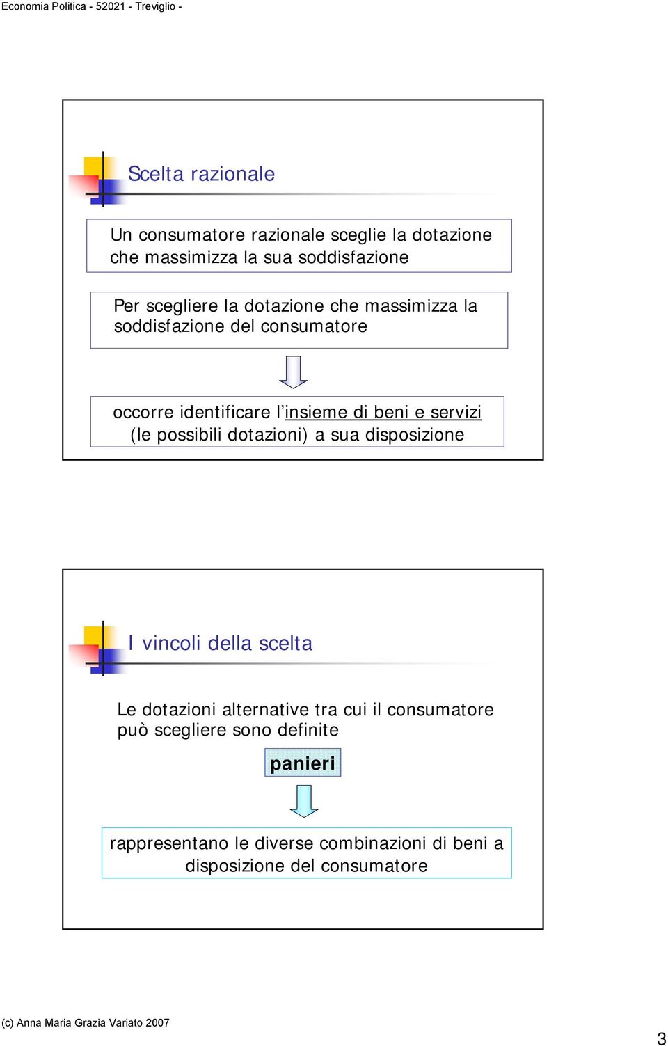 (le possibili dotazioni) a sua disposizione I vincoli della scelta Le dotazioni alternative tra cui il