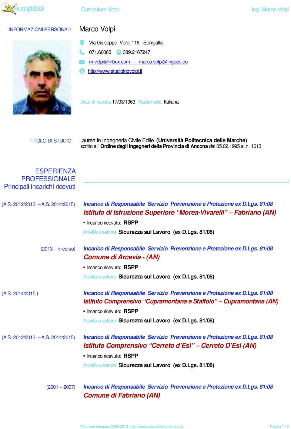 Ancona dal 05.02.1995 al n. 1613 ESPERIENZA PROFESSIONALE Principali incarichi ricevuti (A.S. 2012/2013 A.S. 2014/2015) Incarico di Responsabile Servizio Prevenzione e Protezione ex D.Lgs.