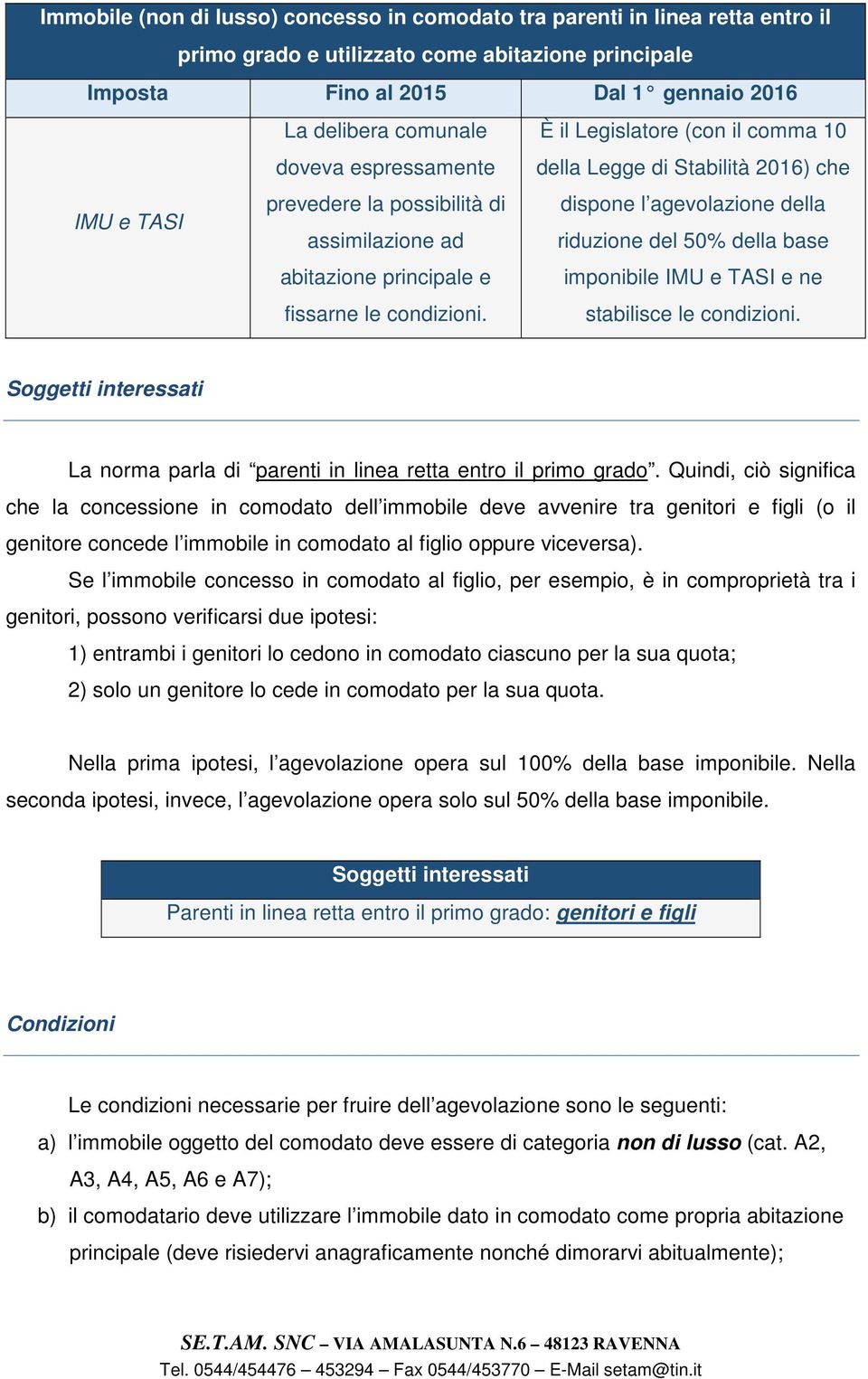 È il Legislatore (con il comma 10 della Legge di Stabilità 2016) che dispone l agevolazione della riduzione del 50% della base imponibile IMU e TASI e ne stabilisce le condizioni.