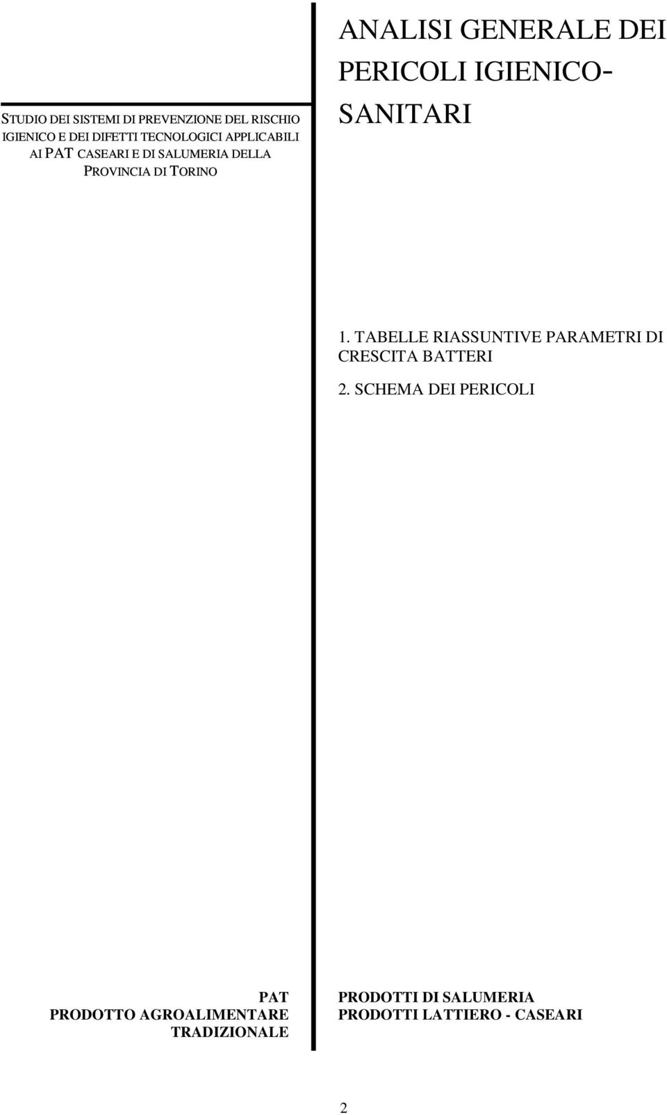 PROVINCIA DI TORINO SANITARI 1. TABELLE RIASSUNTIVE PARAMETRI DI CRESCITA BATTERI 2.