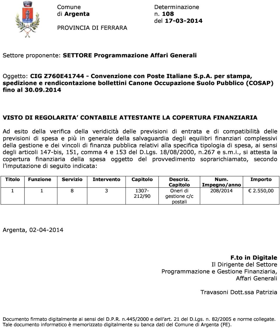 2014 e rendicontazione bollettini Canone Occupazione S.p.A.