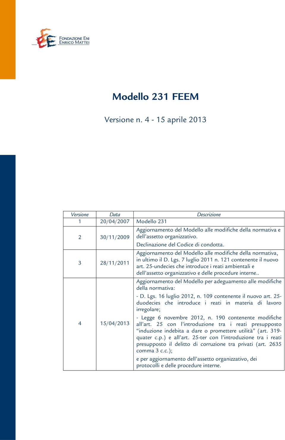 25-undecies che introduce i reati ambientali e dell assetto organizzativo e delle procedure interne.. 4 15/04/2013 Aggiornamento del Modello per adeguamento alle modifiche della normativa: - D. Lgs.