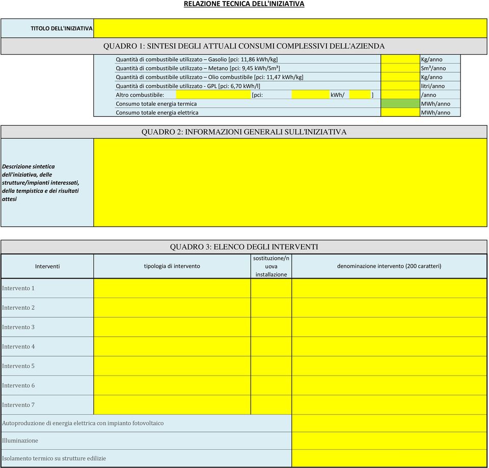 [pci: 6,70 kwh/l] litri/anno Altro combustibile: [pci: kwh/ ] /anno Consumo totale energia termica MWh/anno Consumo totale energia elettrica MWh/anno QUADRO 2: INFORMAZIONI GENERALI SULL'INIZIATIVA