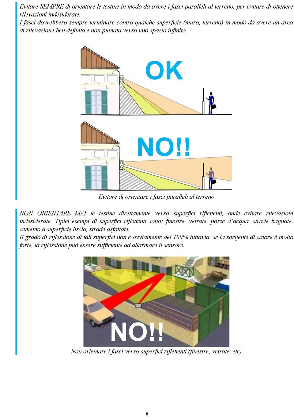 ! Evitare di orientare i fasci paralleli al terreno NON ORIENTRE MI le testine direttamente verso superfici riflettenti, onde evitare rilevazioni indesiderate.