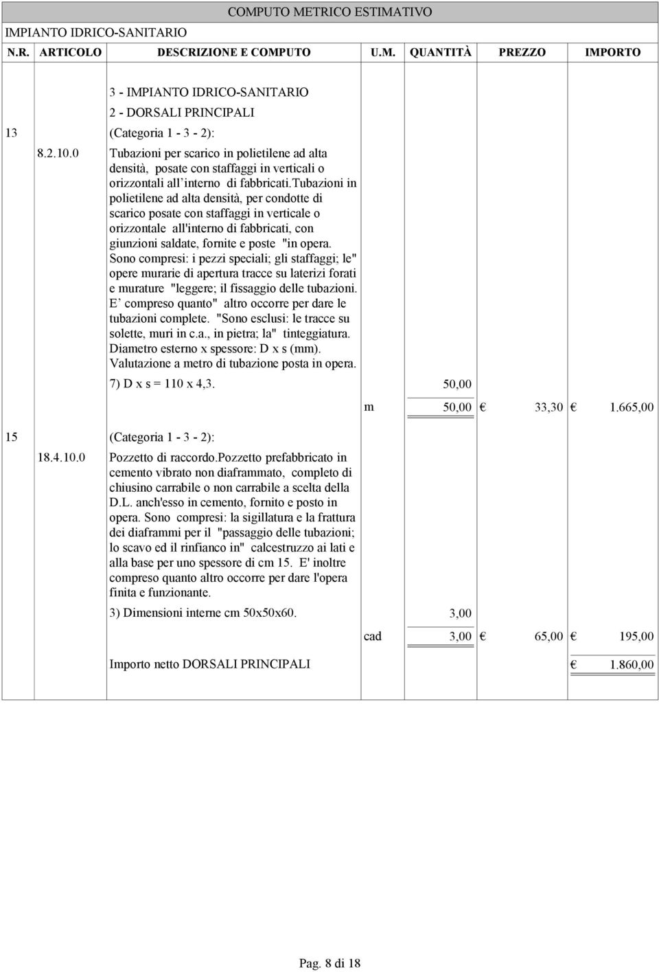 tubazioni in polietilene ad alta densità, per condotte di scarico posate con staffaggi in verticale o orizzontale all'interno di fabbricati, con giunzioni saldate, fornite e poste "in opera.