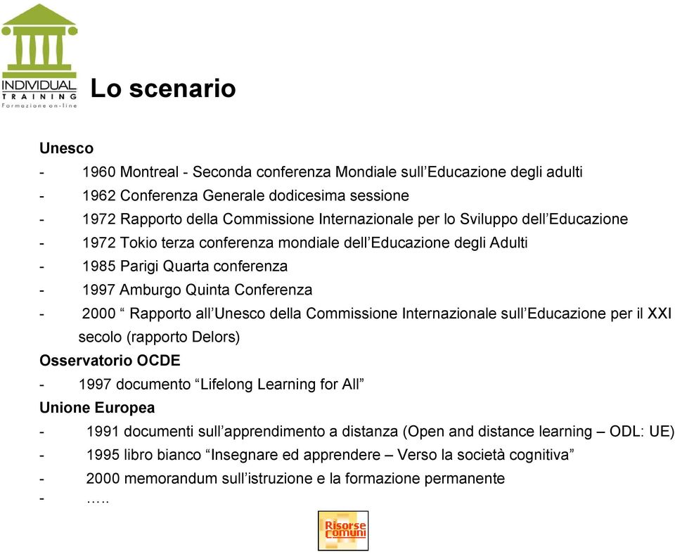 Unesco della Commissione Internazionale sull Educazione per il XXI secolo (rapporto Delors) Osservatorio OCDE - 1997 documento Lifelong Learning for All Unione Europea - 1991 documenti sull