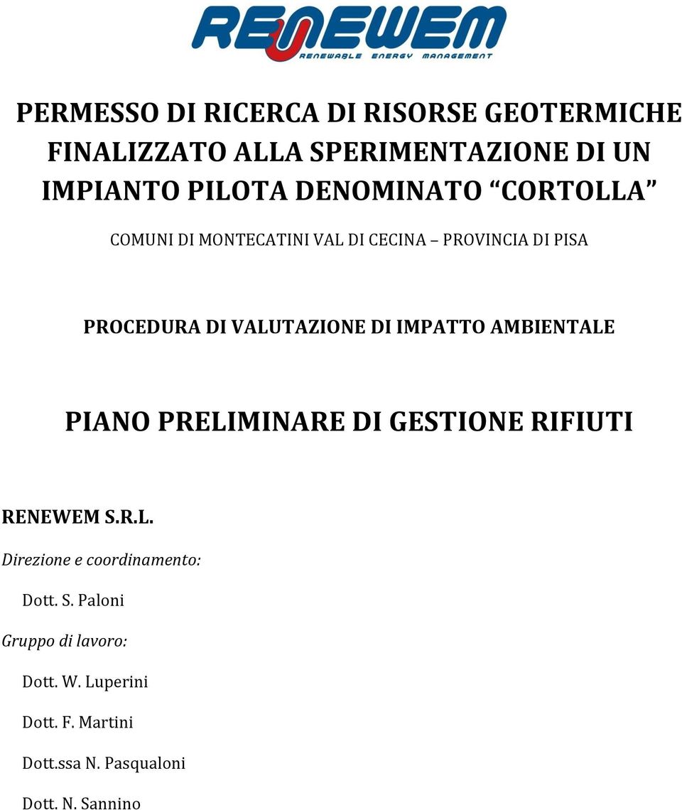 IMPATTO AMBIENTALE PIANO PRELIMINARE DI GESTIONE RIFIUTI RENEWEM S.R.L. Direzione e coordinamento: Dott.