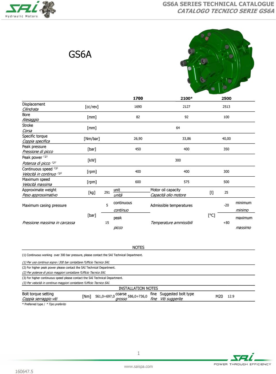 Approximate weight unit Motor oil capacity [kg] 291 Peso approssimativo unità Capacità olio motore [l] 25 Maximum casing pressure 5 continuous Admissible temperatures -20 continuo [bar] peak [ C]