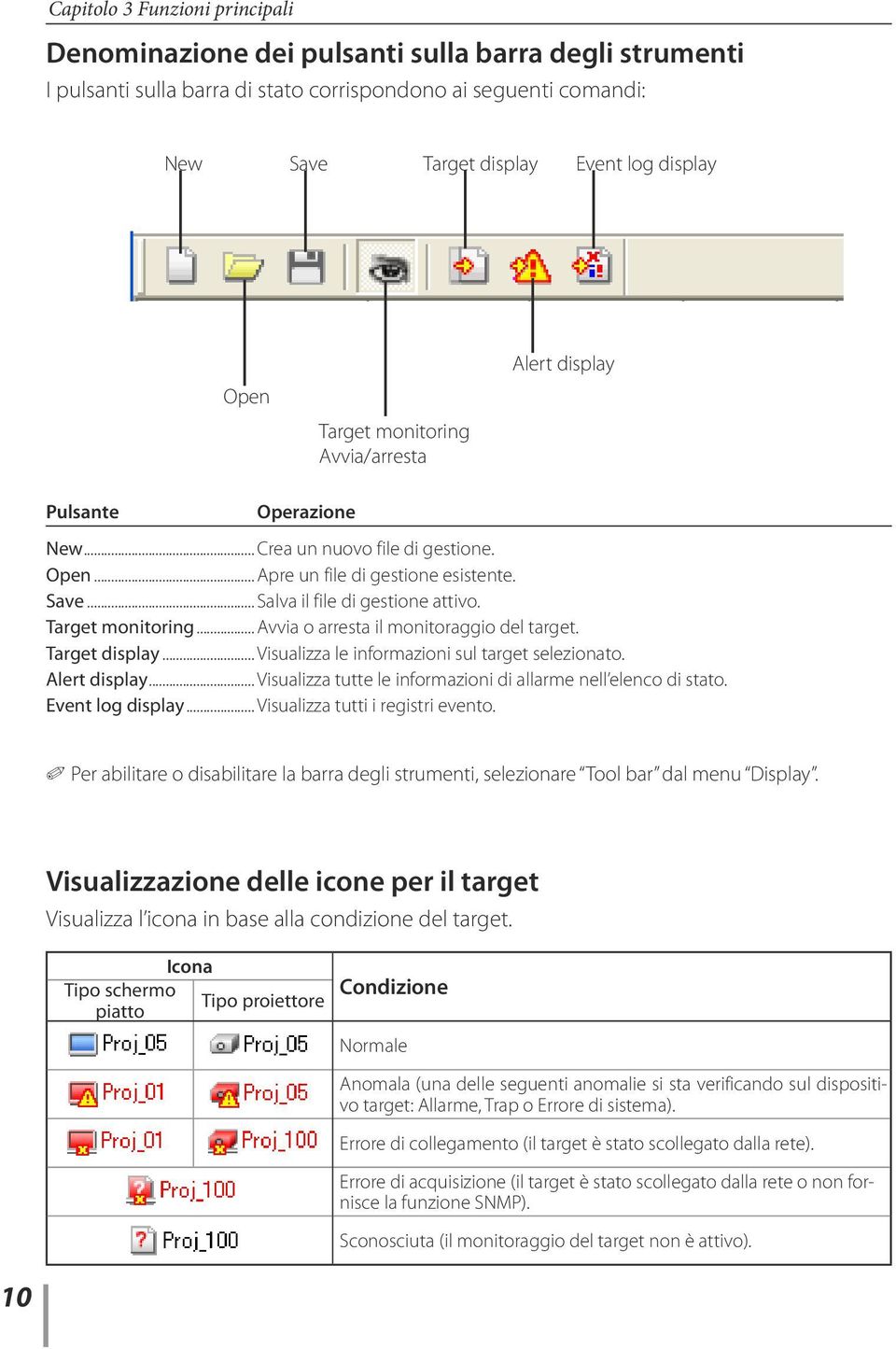 Target monitoring... Avvia o arresta il monitoraggio del target. Target display... Visualizza le informazioni sul target selezionato. Alert display.