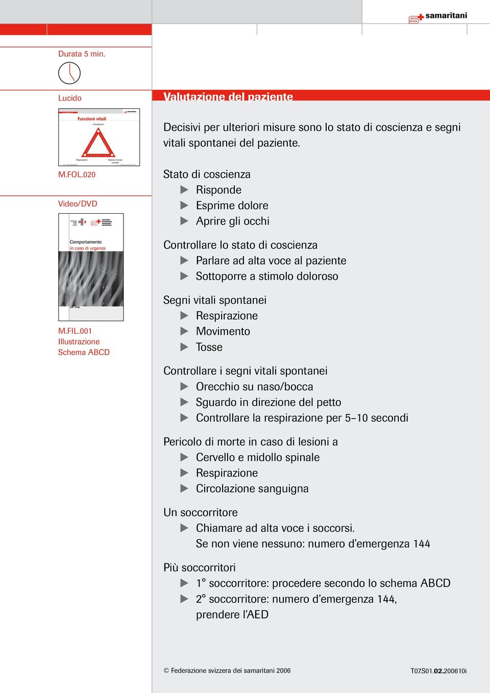 FOL.020 Video/DVD Stato di coscienza Risponde Esprime dolore Aprire gli occhi Controllare lo stato di coscienza Parlare ad alta voce al paziente Sottoporre a stimolo doloroso M.FIL.