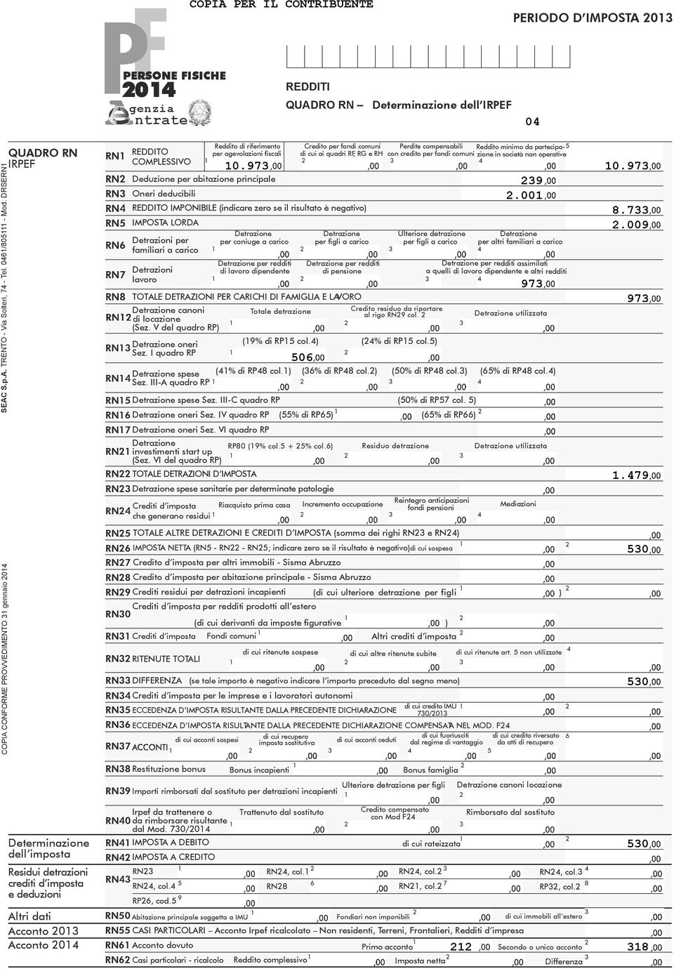 Detrazioni per familiari a carico Detrazioni lavoro RN TOTALE DETRAZIONI PER CARICHI DI FAMIGLIA E LAVORO Detrazione canoni di locazione (Sez. V del quadro RP) RN Detrazione oneri Sez.