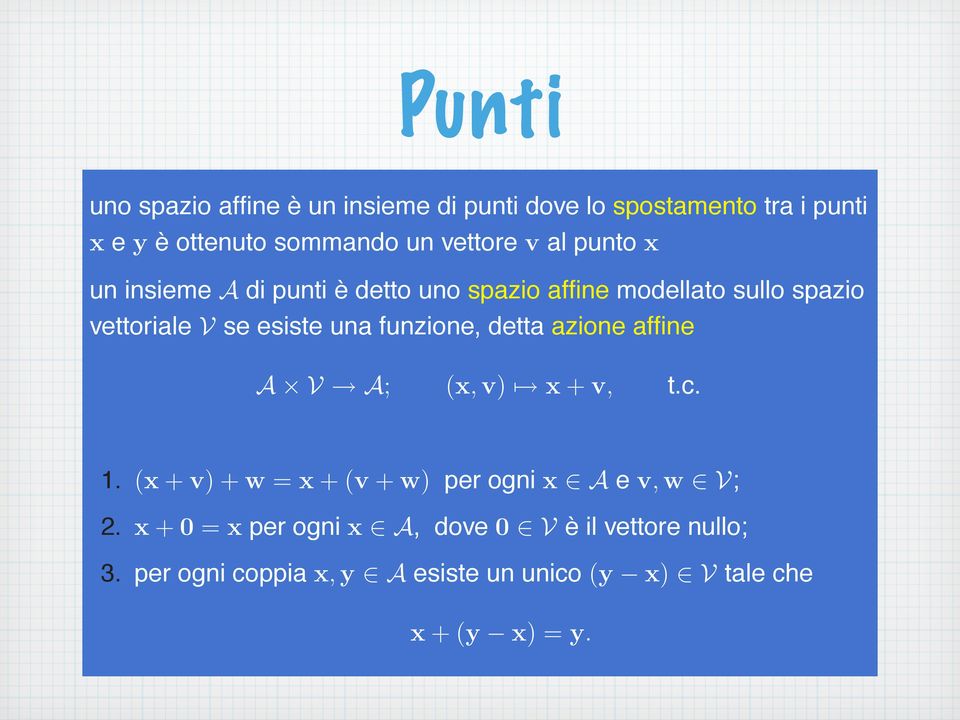 A; (, v) + v, t.c. 1. ( + v) + w = + (v + w) per ogni A e v, w V; 2. + 0 = per ogni A, dove 0 V è il vettore nullo; 3.