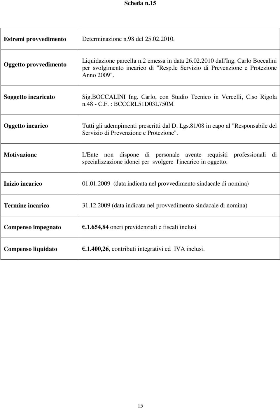 81/08 in capo al "Responsabile del Servizio di Prevenzione e Protezione". L'Ente non dispone di personale avente requisiti professionali di specializzazione idonei per svolgere l'incarico in oggetto.