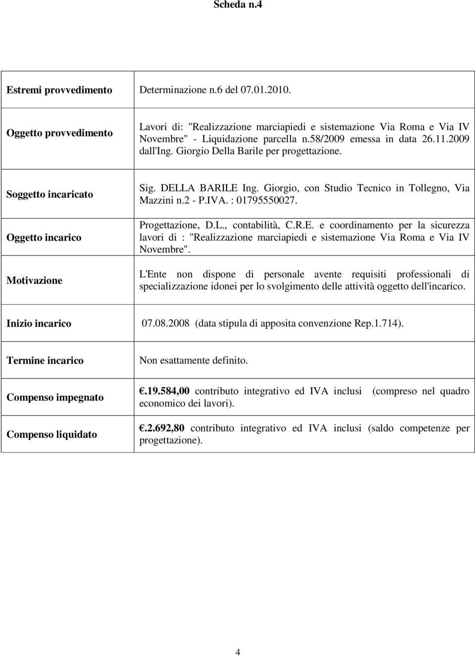 Progettazione, D.L., contabilità, C.R.E. e coordinamento per la sicurezza lavori di : "Realizzazione marciapiedi e sistemazione Via Roma e Via IV Novembre".