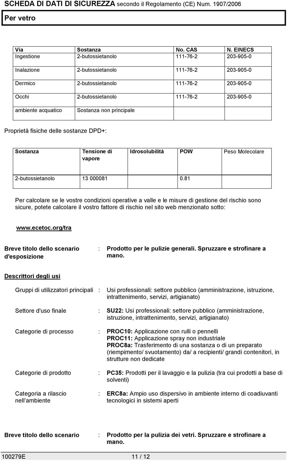 acquatico Sostanza non principale Proprietà fisiche delle sostanze DPD+: Sostanza Tensione di vapore Idrosolubilità POW Peso Molecolare 2-butossietanolo 13 000081 0.