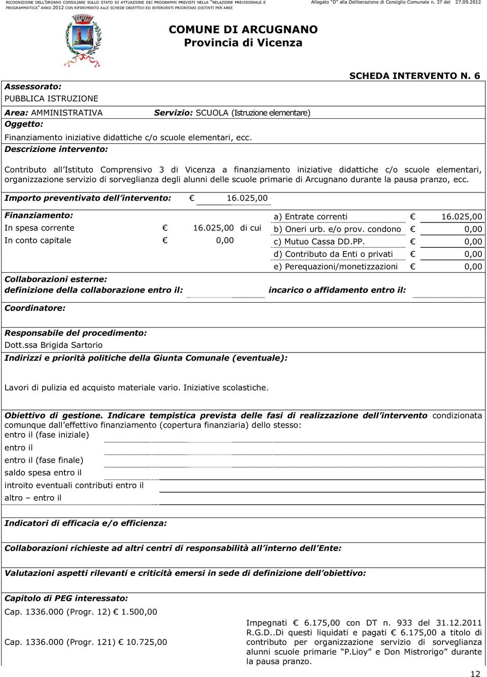 primarie di Arcugnano durante la pausa pranzo, ecc. Importo preventivato dell intervento: 16.025,00 Finanziamento: a) Entrate correnti 16.025,00 In spesa corrente 16.025,00 di cui b) Oneri urb.