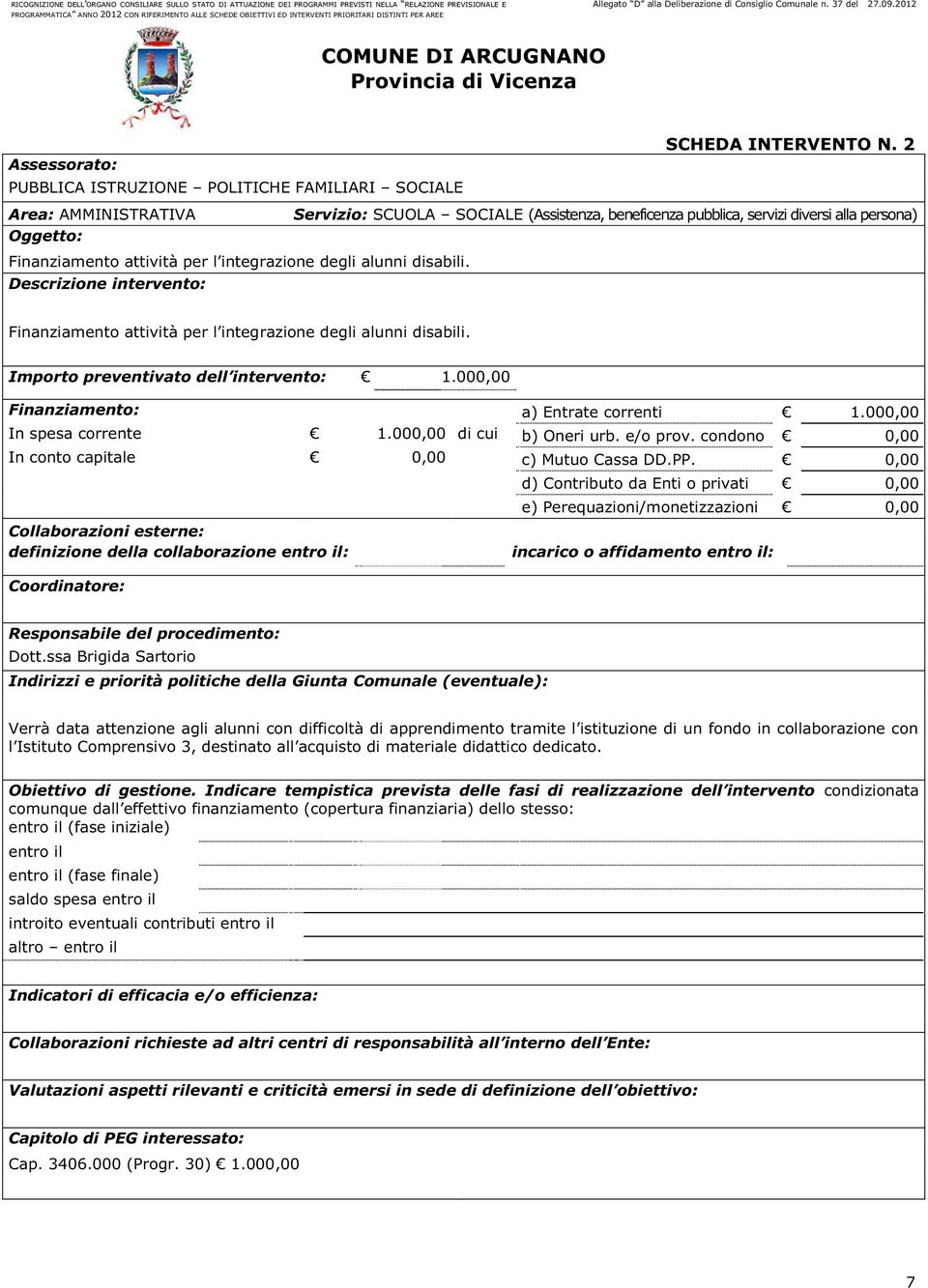 Descrizione intervento: Finanziamento attività per l integrazione degli alunni disabili. Importo preventivato dell intervento: 1.000,00 Finanziamento: a) Entrate correnti 1.000,00 In spesa corrente 1.