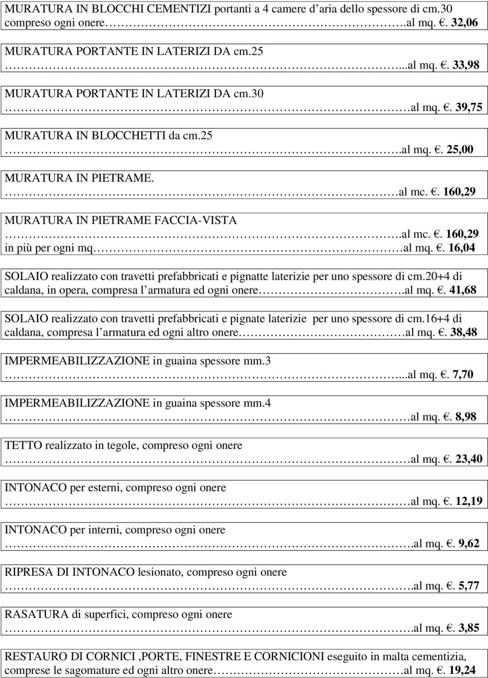 . 16,04 SOLAIO realizzato con travetti prefabbricati e pignatte laterizie per uno spessore di cm.20+4 di caldana, in opera, compresa l armatura ed ogni onere.al mq.