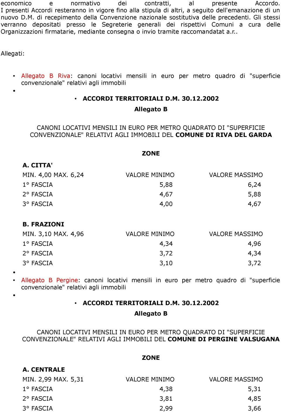 Gli stessi verranno depositati presso le Segreterie generali dei rispettivi Comuni a cura delle Organizzazioni firmatarie, mediante consegna o invio tramite raccomandatat a.r.. Allegati: Riva: canoni locativi mensili in euro per metro quadro di "superficie ACCORDI TERRITORIALI D.