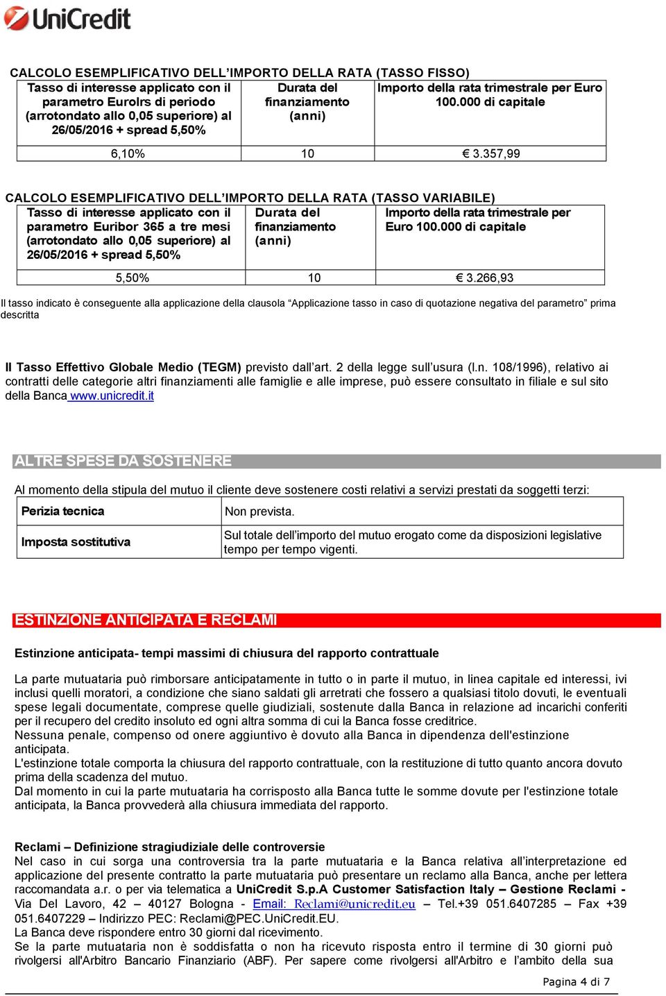 357,99 CALCOLO ESEMPLIFICATIVO DELL IMPORTO DELLA RATA (TASSO VARIABILE) Tasso di interesse applicato con il parametro Euribor 365 a tre mesi (arrotondato allo 0,05 superiore) al 26/05/2016 + spread