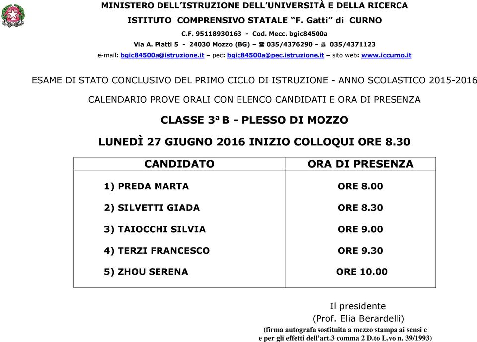 COLLOQUI 1) PREDA MARTA 2) SILVETTI GIADA 3)