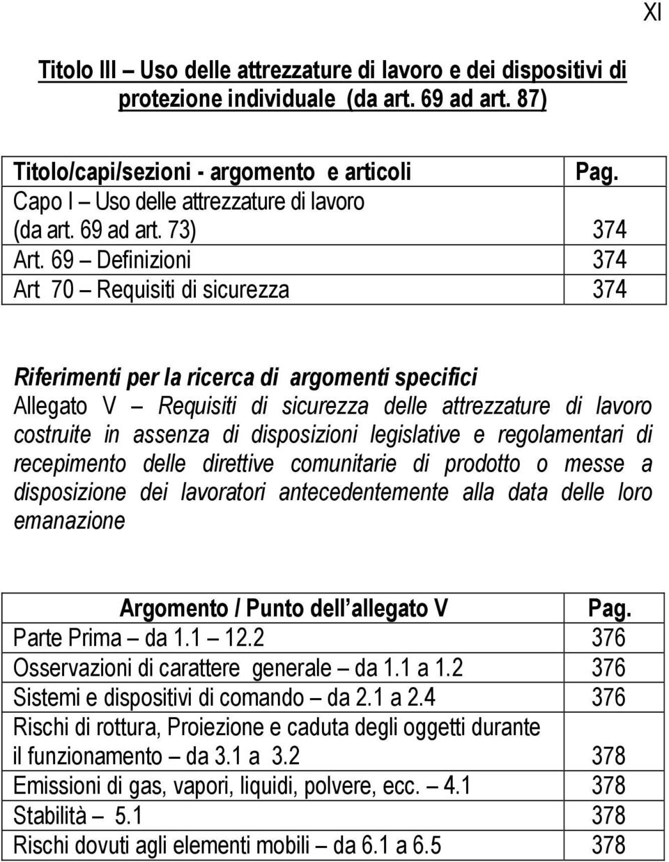 delle direttive comunitarie di prodotto o messe a disposizione dei lavoratori antecedentemente alla data delle loro emanazione Argomento / Punto dell allegato V Parte Prima da 1.1 12.