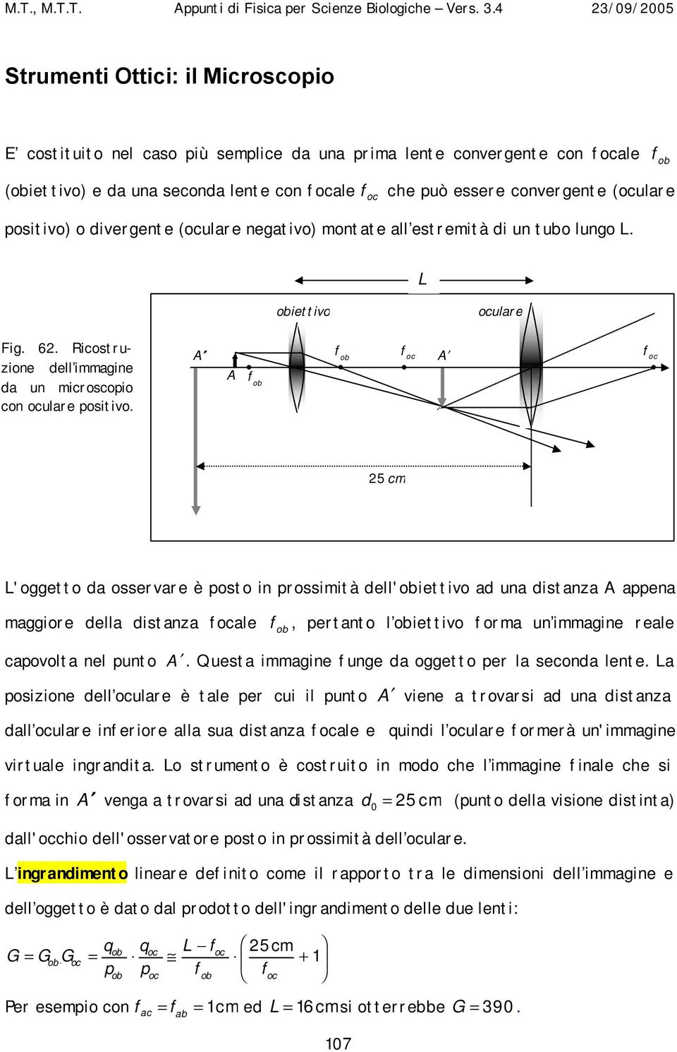 A A ob ob oc A oc 5 cm L'oggetto da osservare è posto in prossimità dell'obiettivo ad una distanza A appena maggiore della distanza ocale ob, pertanto l obiettivo orma un immagine reale capovolta nel