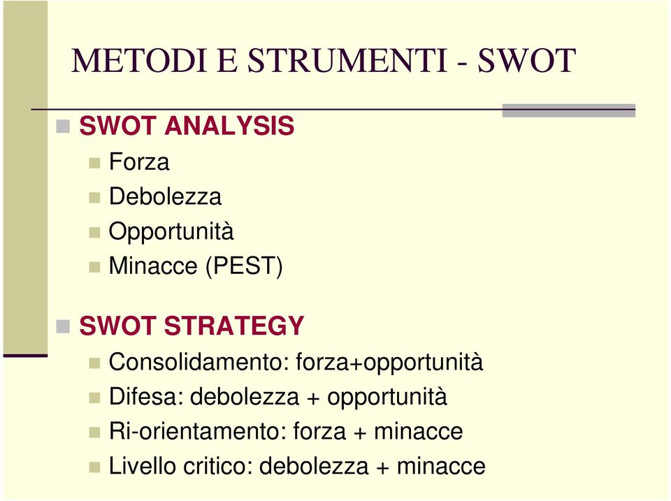 forza+opportunità Difesa: debolezza + opportunità