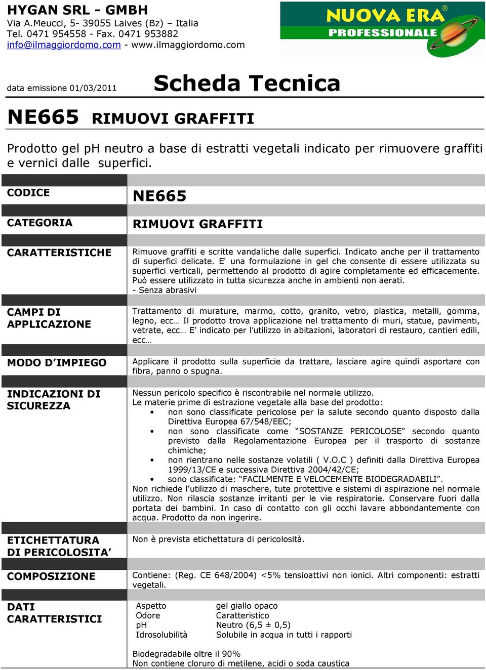 com data emissione 01/03/2011 Scheda Tecnica NE665 RIMUOVI GRAFFITI Prodotto gel ph neutro a base di estratti vegetali indicato per rimuovere graffiti e vernici dalle superfici.