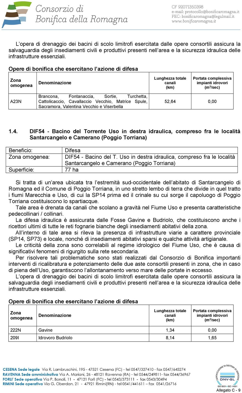 Opere di bonifica che esercitano l azione di difesa Zona omogenea Denominazione Lunghezza totale canali (km) Portata complessiva impianti idrovori (m 3 /sec) A23N Brancona, Fontanaccia, Sortie,