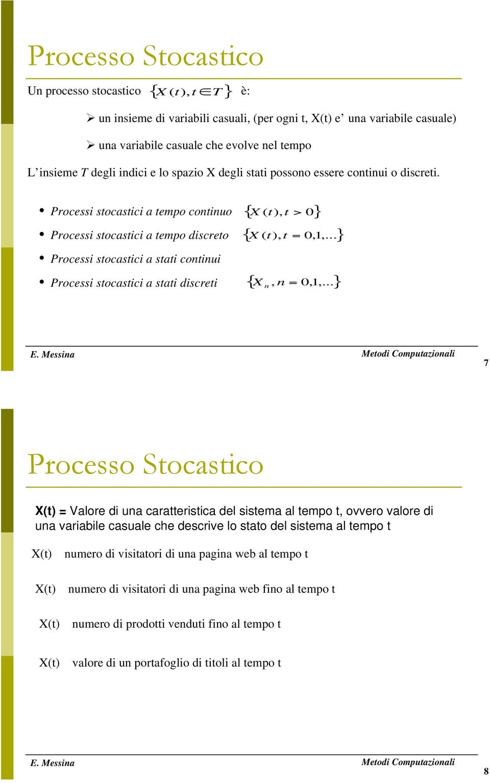 Processi stocastici a tempo continuo Processi stocastici a tempo discreto Processi stocastici a stati continui Processi stocastici a stati discreti { X ( t), t > } { X ( t), t =,,... } {, n =,,.
