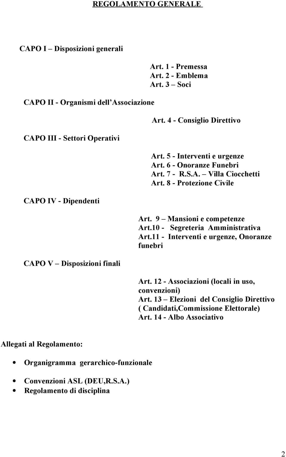 8 - Protezione Civile Art. 9 Mansioni e competenze Art.10 - Segreteria Amministrativa Art.11 - Interventi e urgenze, Onoranze funebri Art.