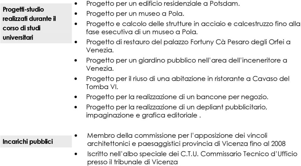 Progetto di restauro del palazzo Fortuny Cà Pesaro degli Orfei a Progetto per un giardino pubblico nell area dell inceneritore a Progetto per il riuso di una abitazione in ristorante a Cavaso del