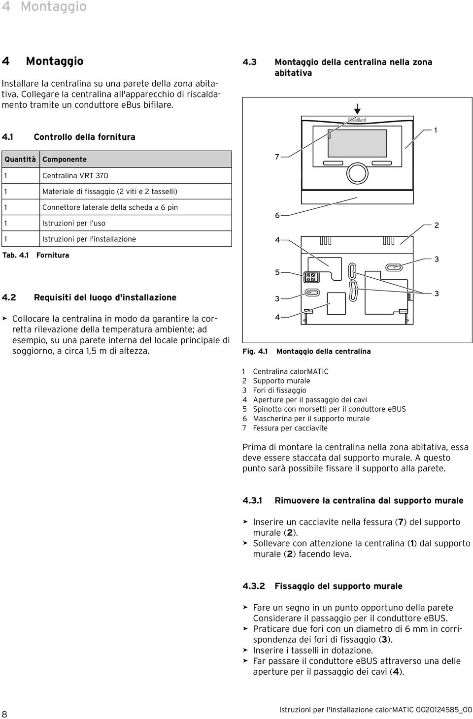 per l'installazione Tab. 4.1 Fornitura 6 4 5 2 3 4.