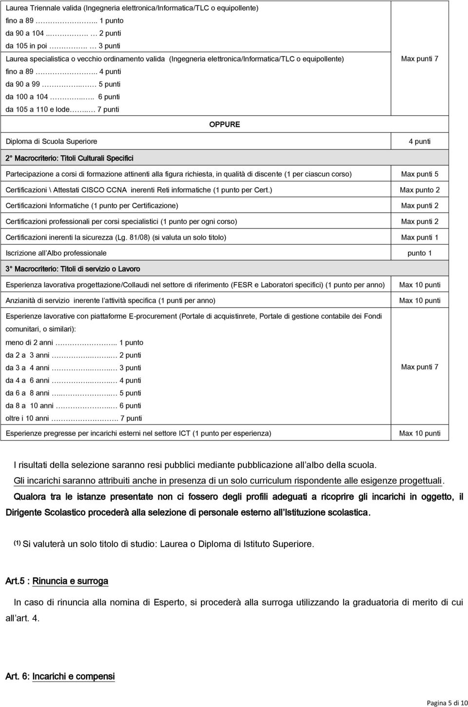 . 7 punti Max punti 7 OPPURE Diploma di Scuola Superiore 4 punti 2 Macrocriterio: Titoli Culturali Specifici Partecipazione a corsi di formazione attinenti alla figura richiesta, in qualità di